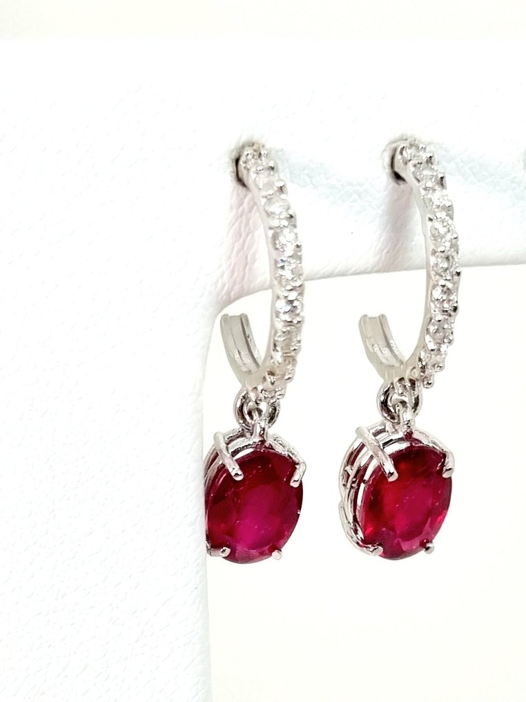Drop fülbevaló - 18 kt. Fehér arany Rubin - Gyémánt #1.0
