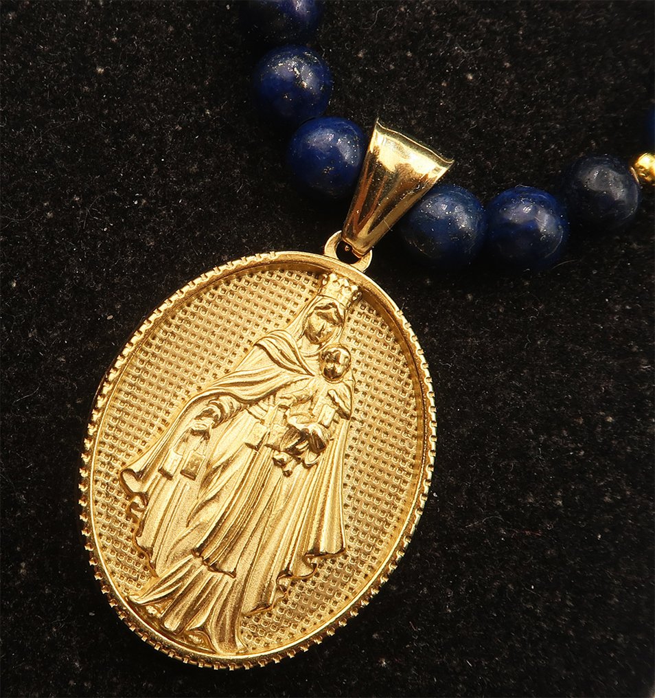 青金石 - 圣母蒙特卡梅尔天主教团：保护与拯救灵魂 - 14K黄金黄金扣 - 頸鏈 #2.1