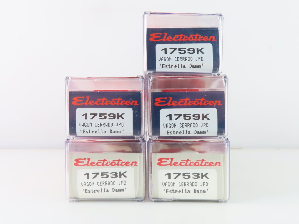 Electrotren H0 - 1753K/1759K - Model wagonu towarowego (5) - 5x 2-osiowe zamknięte wagony towarowe z nadrukiem „Estrella Damm” - RENFE #4.3