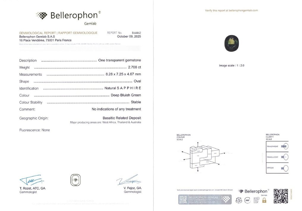 沒有保留價 藍寶石  - 2.70 ct - Bellerophon Gemlab - 深蓝绿色 #4.3