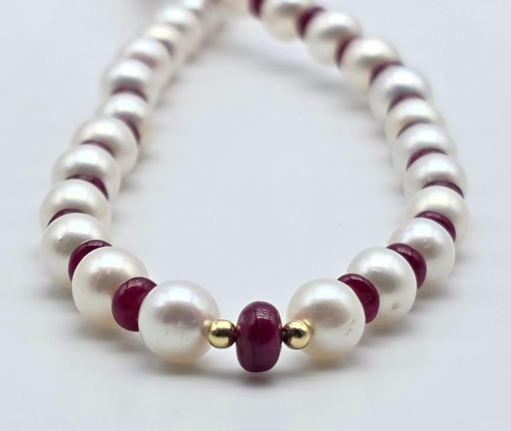 Zonder minimumprijs - Halsketting - 18 karaat Geel goud Parel - Robijn - Perle akoya van 6,3 tot 6,5. #2.1