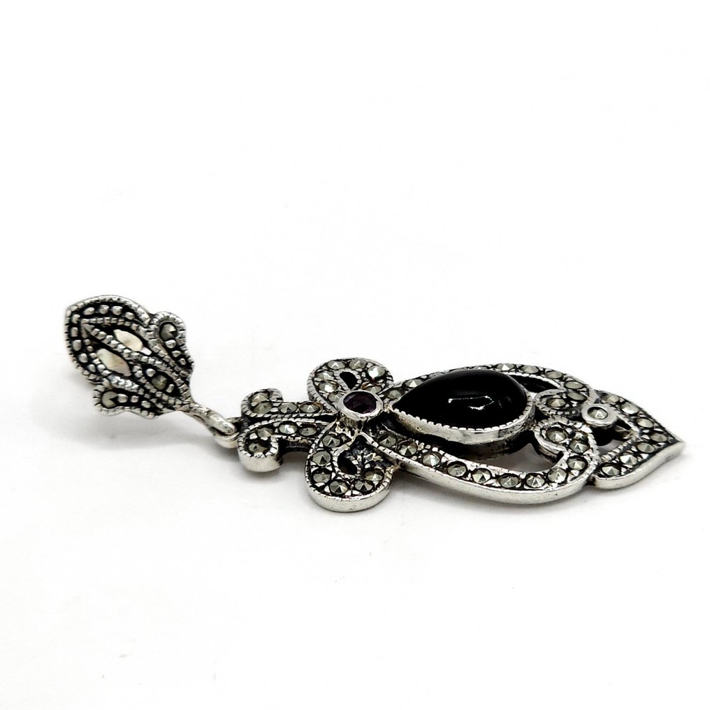 Argento, Argento sterling 925, ametista naturale e marcasite - Orecchini pendenti a goccia - Art Deco Geometrico #4.3