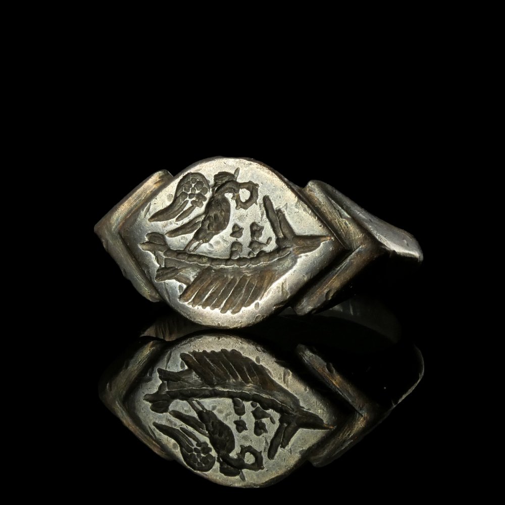 Αρχαία Ρωμαϊκή Ασημί Δαχτυλίδι σφραγίδας λεγεωνάριου με γαλέρα και Aquila #1.0