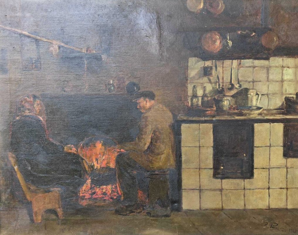 Renato Passaro (1910-1970) - Interno di Cucina con Coppia al Calore del Focolare #1.0