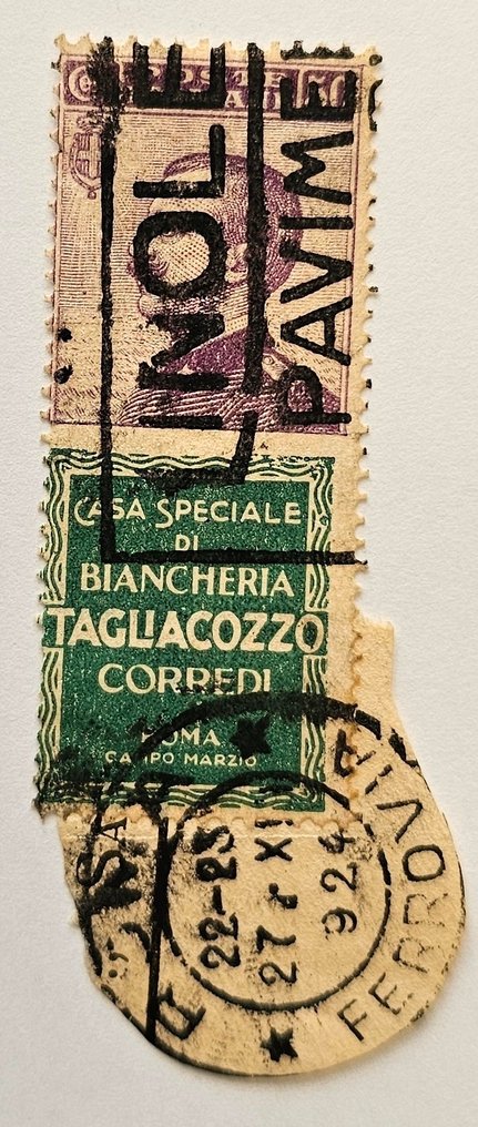 Royaume d’Italie  - Publicitaire, Tagliacozzo utilisé sur fragment de 0,50 centimes, original avec oblitération. - Sassone n.17 #1.0