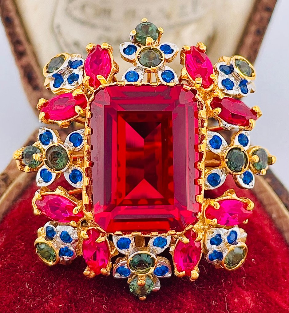 没有保留价 - 戒指 - 9 kt. 黄金, 银 红宝石 - 蓝宝石 #1.0