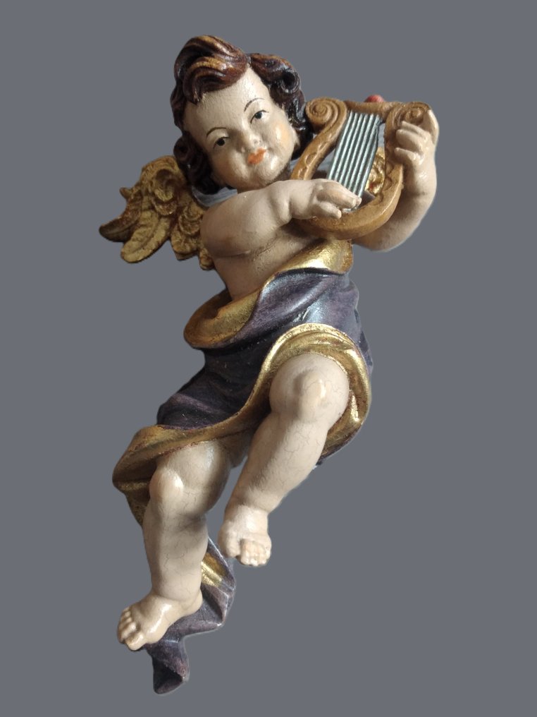 Intaglio, Holzfigur - farbiger Engel mit Harfe - Wandfigur - 15 cm - Legno - 1970 #1.0