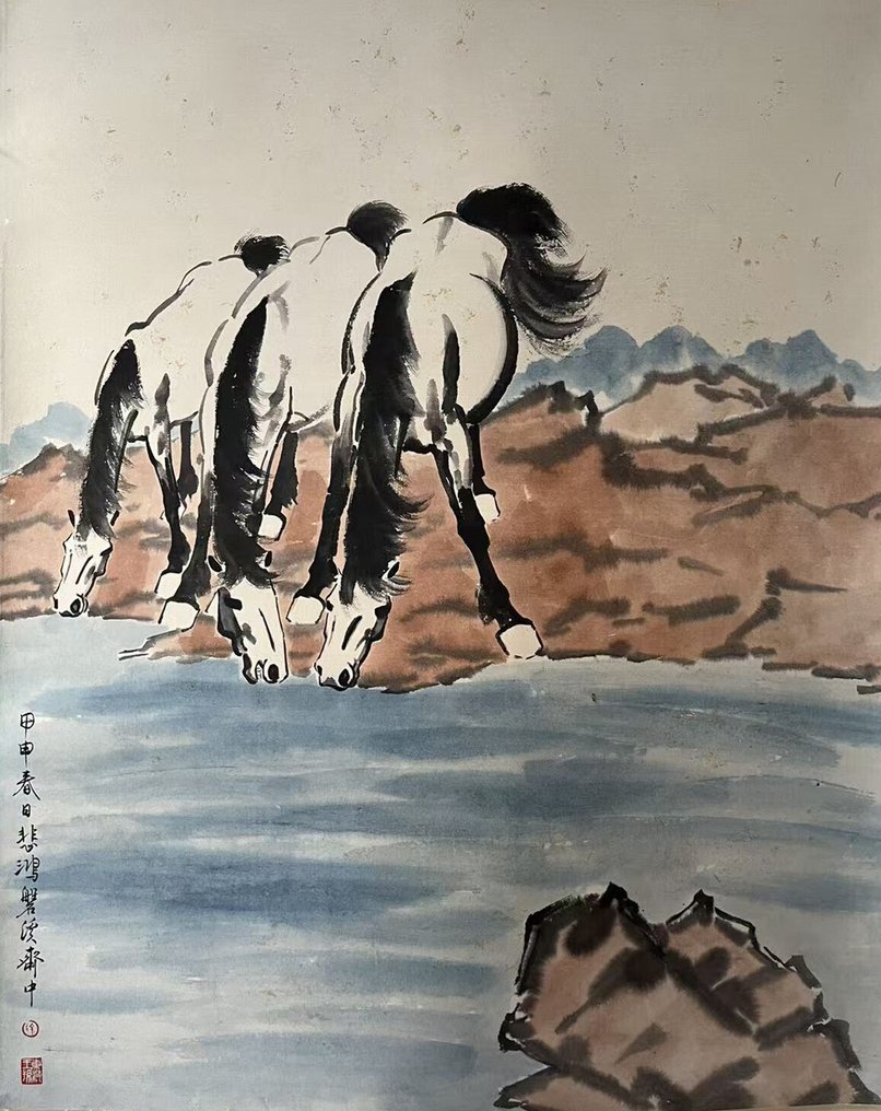 INK AND COLOR ON PAPER PAINTING"Three Horses"《三骏图》 - Attributed to - Kina #1.0