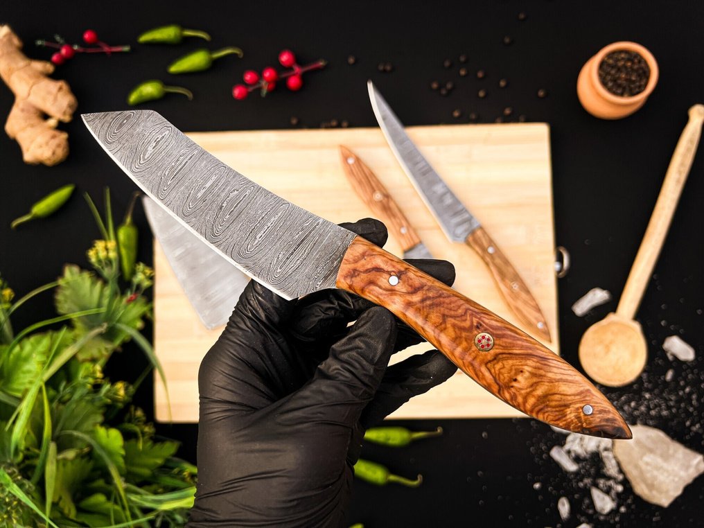 Μαχαίρι κουζίνας - Σετ μαχαιριών κουζίνας Purpose Daily Uses σε εσωτερικούς και εξωτερικούς χώρους (FK-144) - Handle από αμερικανικό ελαιόξυλο και 1095/15N20 διπλωμένο ατσάλι. - Ηνωμένες Πολιτείες - Σετ κουζίνας και μπάρμπεκιου #3.2