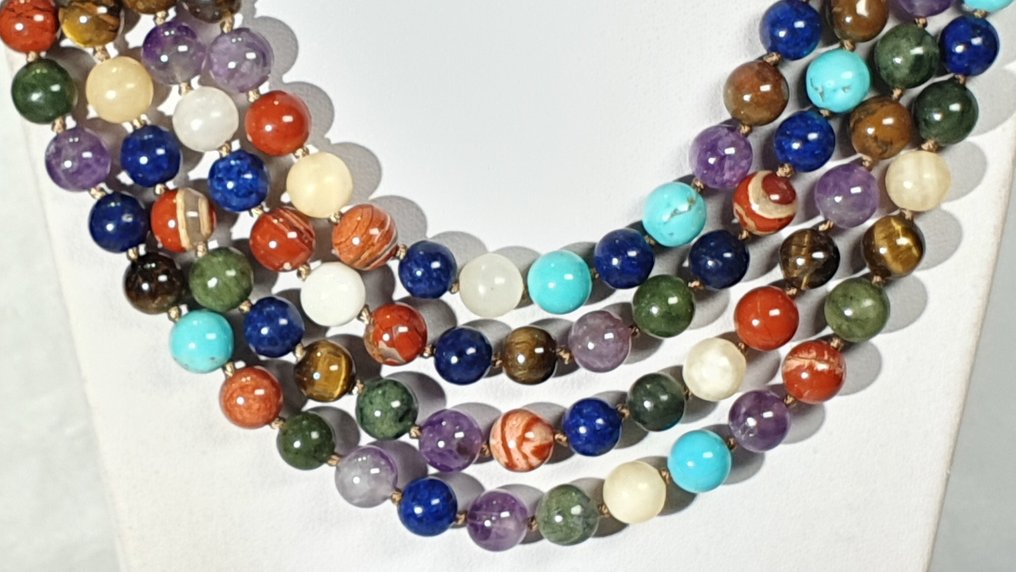 Amatista, lapislazzuli, acquamarina, giada rossa, occhio di tigre ... - Argento 925 - 2 braccialetti - Collana #4.3