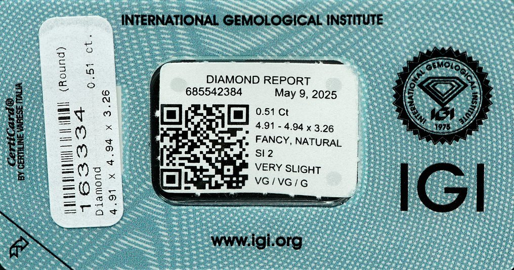 没有保留价 - 1 pcs 钻石  (天然色彩的)  - 0.51 ct - 圆形 - Fancy intense 稍帶黄色的 棕色 - SI2 微内含二级 - 国际宝石研究院（IGI） #4.3