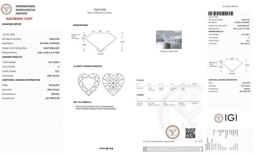 No reserve price - 1 pcs Diamond (Natural) - 1.01 ct - Heart - H - VS2 - International Gemological Institute (IGI) - *EX VG* #2.1
