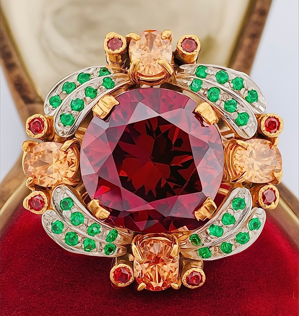 Nincs minimálár - Gyűrű - 9 Kt Sárga arany, Ezüst Gránát - Smaragd #1.0