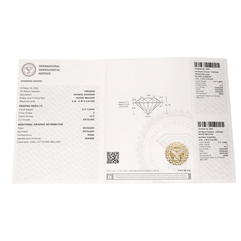 χωρίς τιμή ασφαλείας - 1 pcs Διαμάντι (Φυσικό) - 0.31 ct - Στρογγυλό - E - VS2 - International Gemological Institute (IGI) #3.2