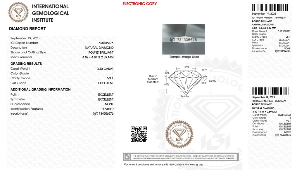 Fără preț de rezervă - 1 pcs Diamant (Natural) - 0.40 ct - Rotund - I - VS1 - IGI (Institutul gemologic internațional) - *3EX None* #2.1