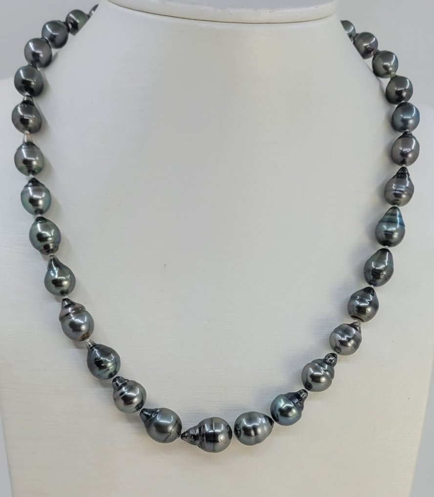 沒有保留價 - 頸鏈 銀, 8x11.5毫米孔雀Tahiti珍珠 #1.0