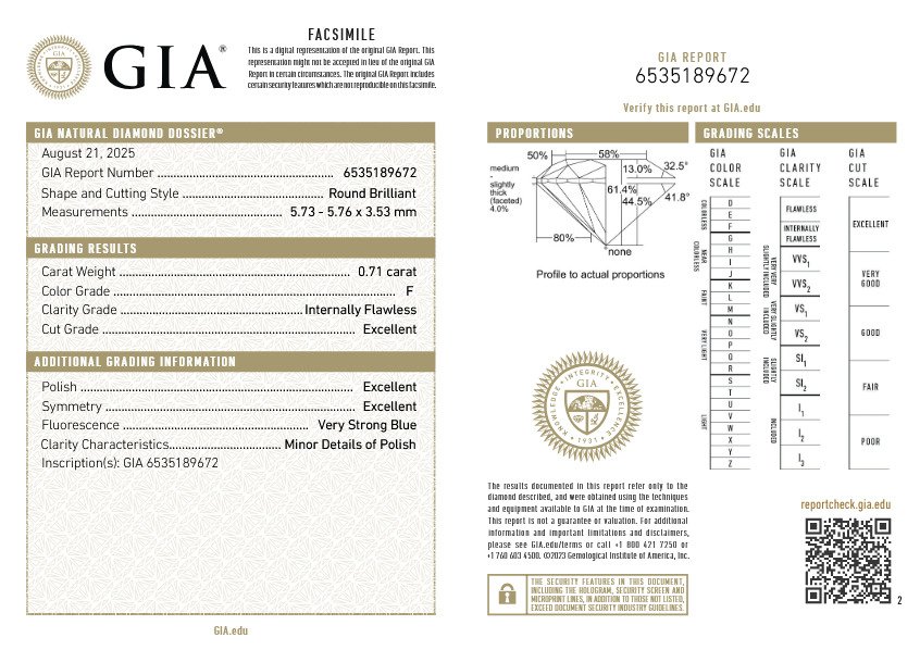 Fără preț de rezervă - 1 pcs Diamant  (Natural)  - 0.71 ct - Rotund - F - IF - GIA (Institutul gemologic din SUA) - Ex Ex Ex #4.3