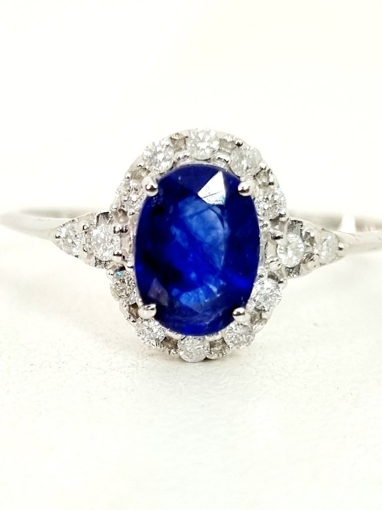 戒指 - 18 克拉 白金 藍寶石 - 鉆石 #1.0