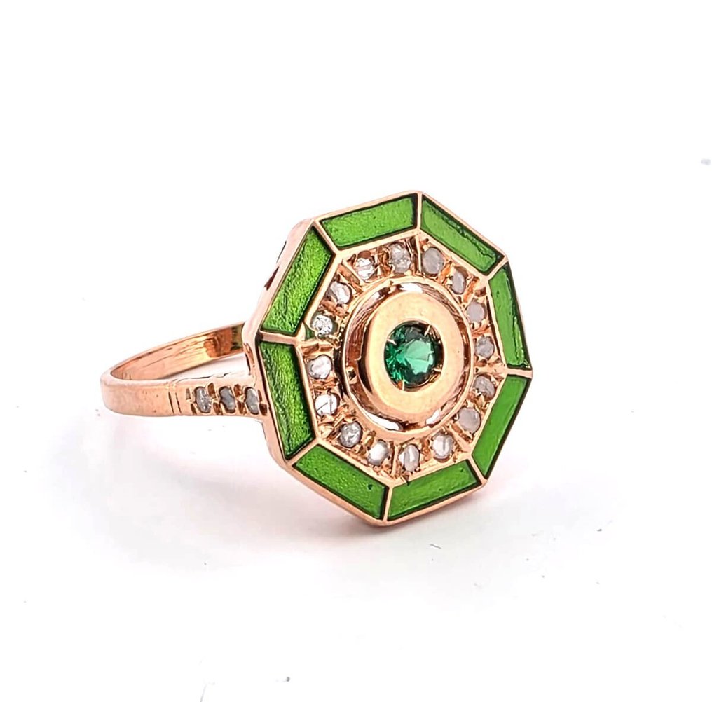 Fără preț de rezervă - Inel - 9 kt. Aur roz, Argint Smarald - Diamant #3.2