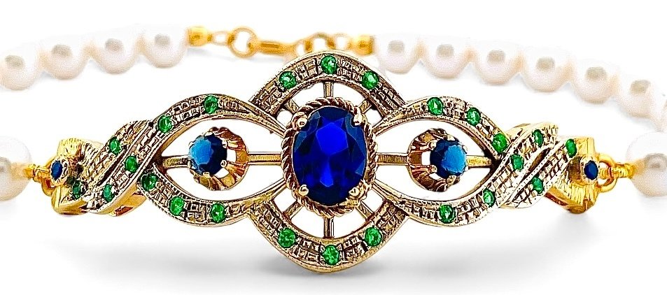 Nincs minimálár - Karkötő - 9 Kt Sárga arany, Ezüst Zafír - Smaragd #4.3