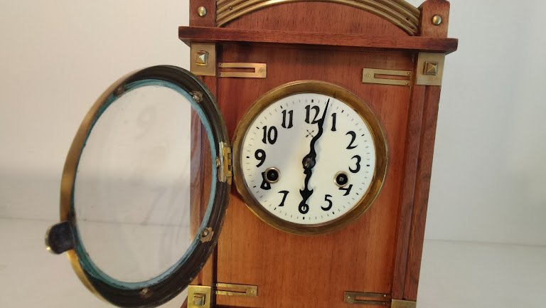 台钟 - 艺术装饰 黄铜, 玻璃, 橡木搪瓷 - Junghans X Kreuz - 1920-1930 #2.1