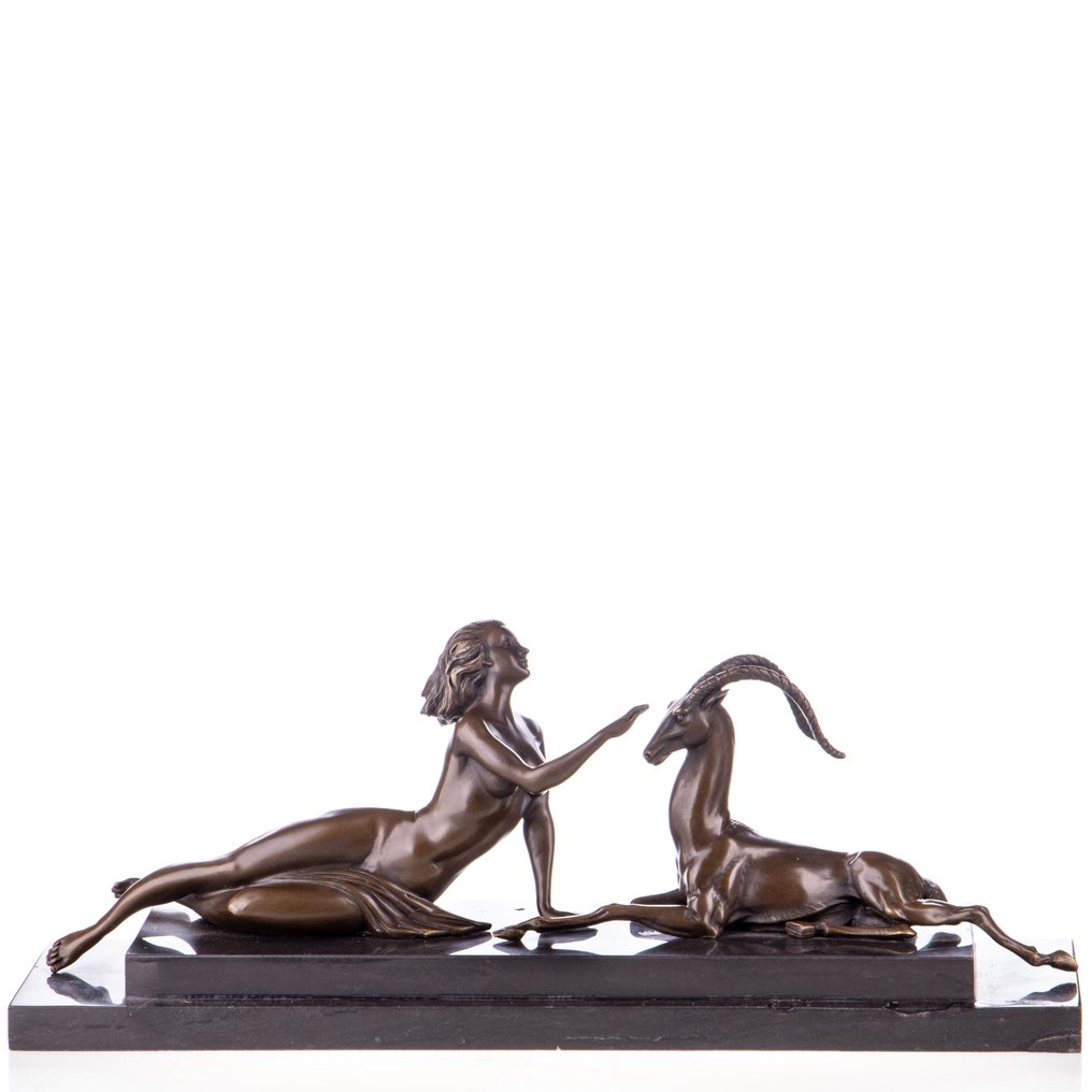 Φιγούρα - Art Deco Bronzefigur Frau mit Antilope - Μπρούντζος, Μάρμαρο #1.0