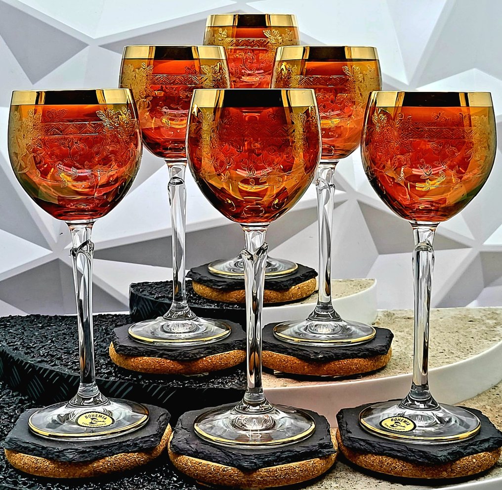 |-❥ (6) x *Exklusive Bohemia Kristall 24k Gold (Tschechien)* - Bicchiere da vino (6) - Set di bicchieri da vino, grande, raro, soffiato a bocca e mai usato, coppa in cristallo con taglio - Cristallo, 24% (PbO) cristallo di piombo, Oro 24 kt - Vetro di fusione, coppa #1.0