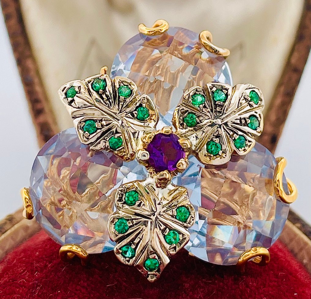 Nincs minimálár - Gyűrű - 9 Kt Sárga arany, Ezüst Akvamarin - Smaragd #1.0