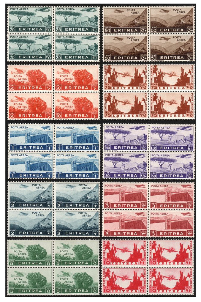 Włoska Erytrea 1936 - Poczta lotnicza, podmioty afrykańskie, bloki po cztery - Sassone Posta Aerea n. 17/26 blocchi di quattro #1.0