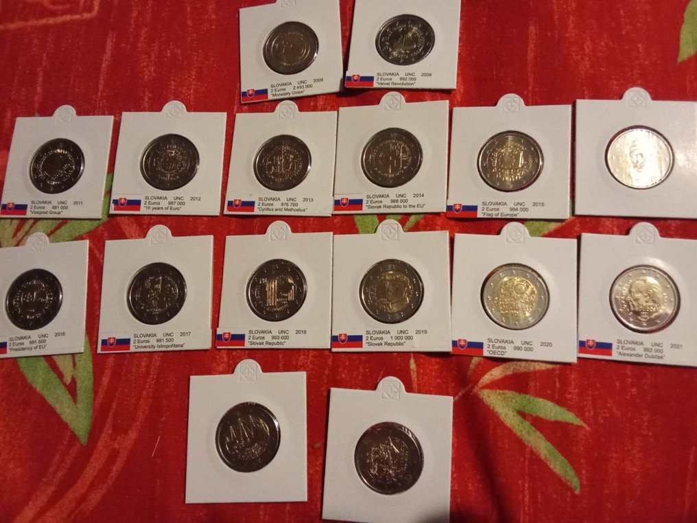 Eslováquia. 2 Euro 2009/2022 (16 monnaies) (Sem preço de reserva) #1.0