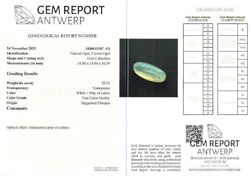 没有保留价 蛋白石  - 29.22 ct - 安特卫普宝石报告（GRA） - 白色的变色效果 #4.3