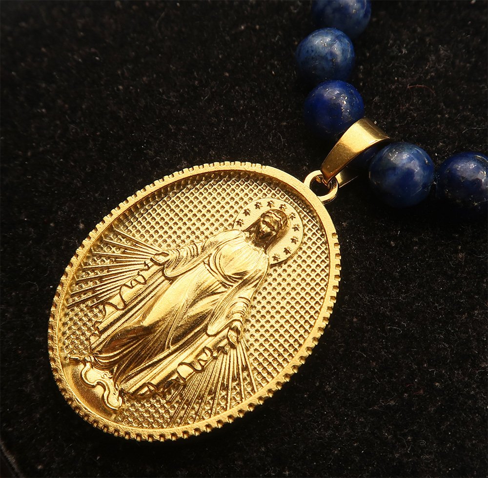 Λάπις λαζούλι - Κολιέ Καθολικής της Παναγίας: Θαυματουργή Μεταλλική και Θεία Χάρη - Χρυσό Κλείσιμο 14K GF - Κολιέ #2.1