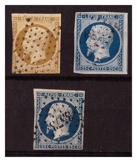 França 1852 - Presidência, REPÚBLICA FRANCESA, 10 ct bistre-marrom e 25 ct azul B sob o pescoço. - Yvert N°9a & N°10 (teinte & oblitérations différentes) Etat TB sans aminci #2.1