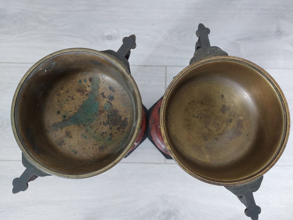 Cassolette - 黄铜色, 大理石 - 带盖和鹭鸟饰顶的杯子 #2.1