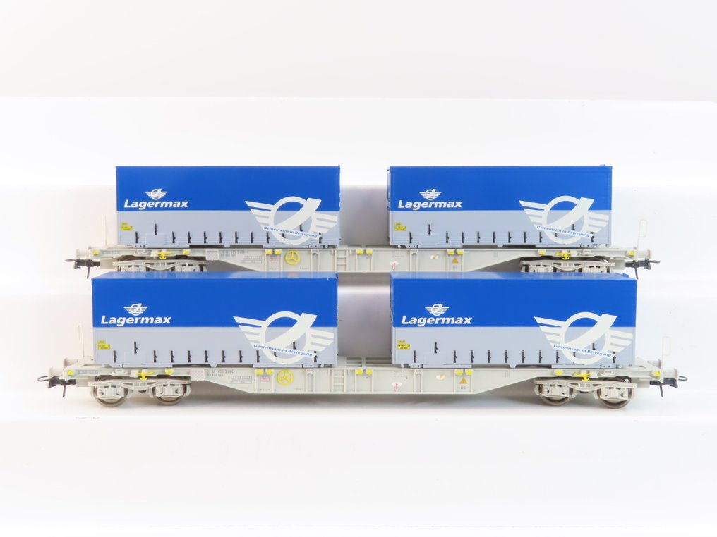 Roco H0 - 66622 - Modelltog godsvogn (2) - 2x 4-akslet containerdraagwagen med 2 containere 'Lagermax'. - AAE #1.0