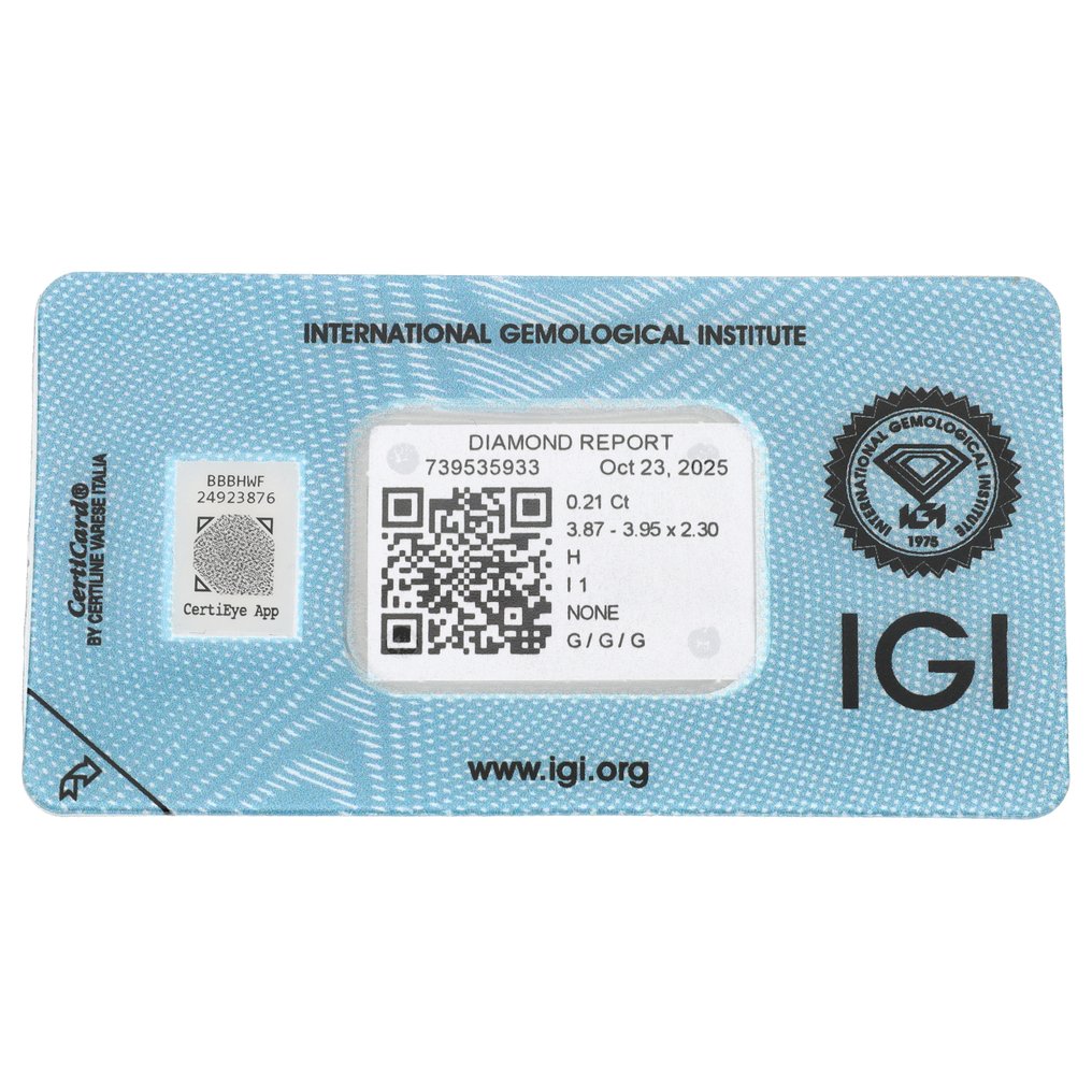 沒有保留價 - 1 pcs 鑽石 (天然) - 0.21 ct - 圓形 - H(次於白色的有色鑽石) - I1 - 國際寶石學院(International Gemological Institute (IGI)) #2.1