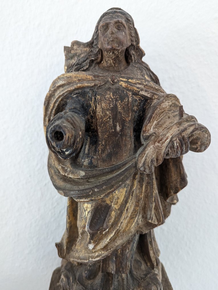 Antikk trefigur på sokkel - Madonna - 39 cm - Antikvitet - Tre - 1850-1900, 1750-1800 #1.0
