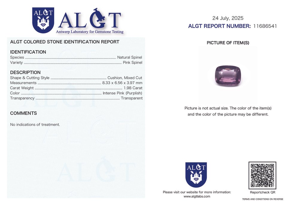 Senza prezzo di riserva Spinello  - 1.98 ct - Antwerp Laboratory for Gemstone Testing (ALGT) - Rosa Intenso #4.3