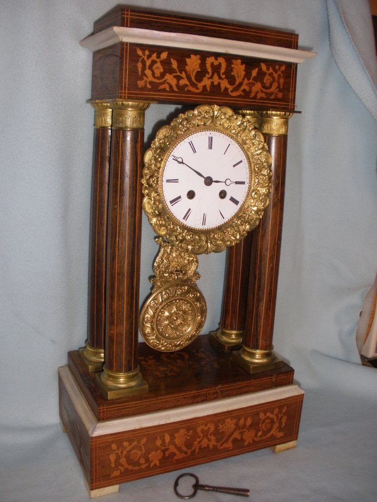 Pendule portique - Japy Freres Charles X Hout Messing Staal email - 1850-1900 - Horloge de colonne en bois rose #1.0