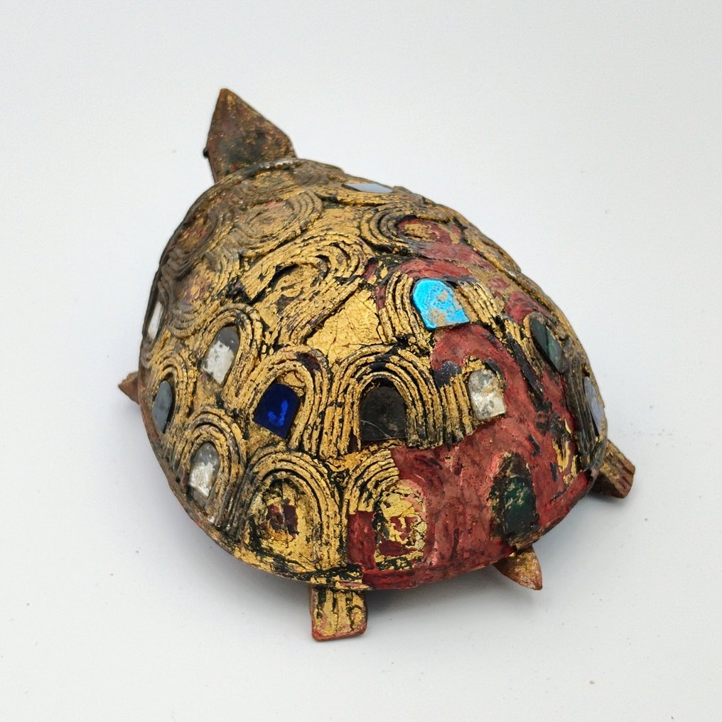 古缅甸 镶嵌木制品 乌龟雕像护身符 - 64 mm  (没有保留价) #2.1