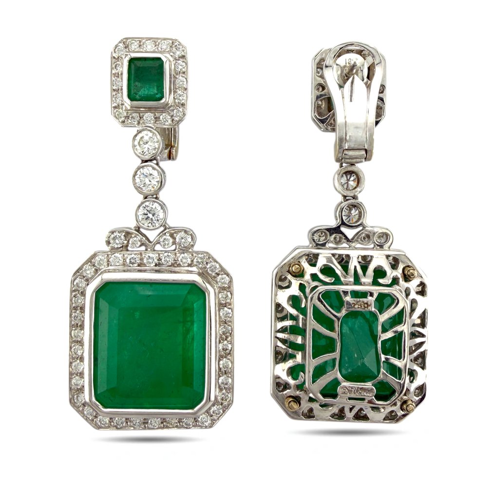 Drop fülbevaló - 18 kt. Exkluzív AGI Tanúsítvánnyal ellátott, 18K fehérarany, 5,50 karátos gyémánt és 56,00 karátos smaragd, Fehér arany -  61.50ct. tw. Smaragd - Gyémánt #3.2
