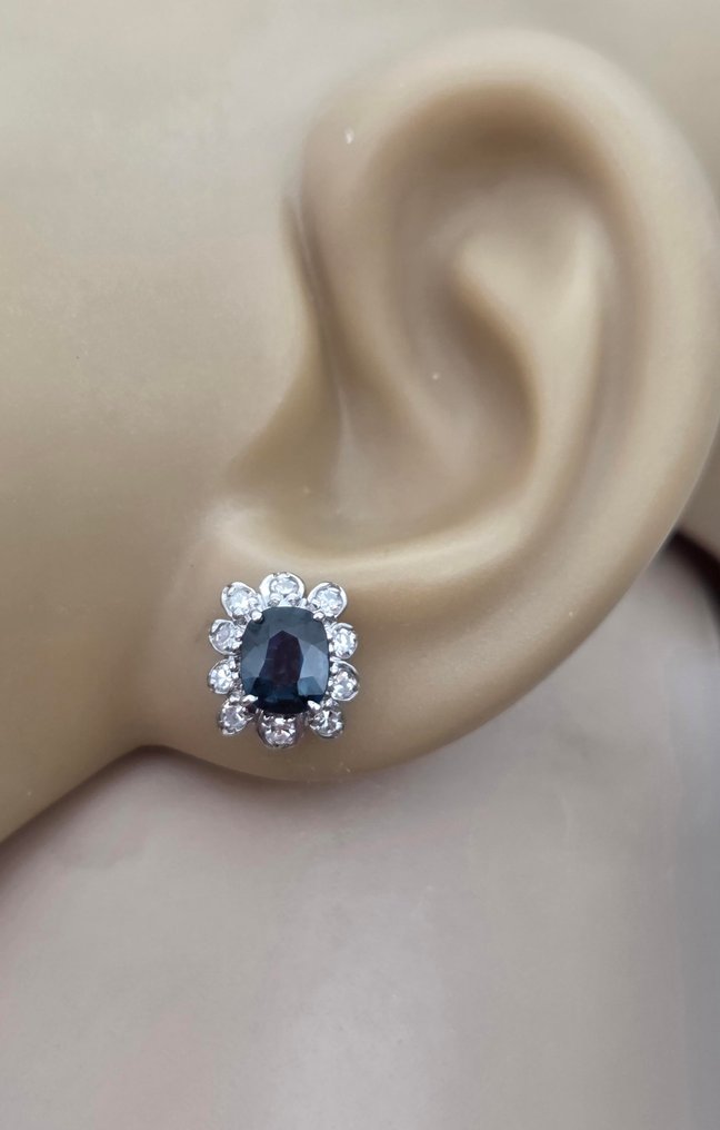 耳環 - 18 克拉 白金 藍寶石 - 鉆石 #1.0