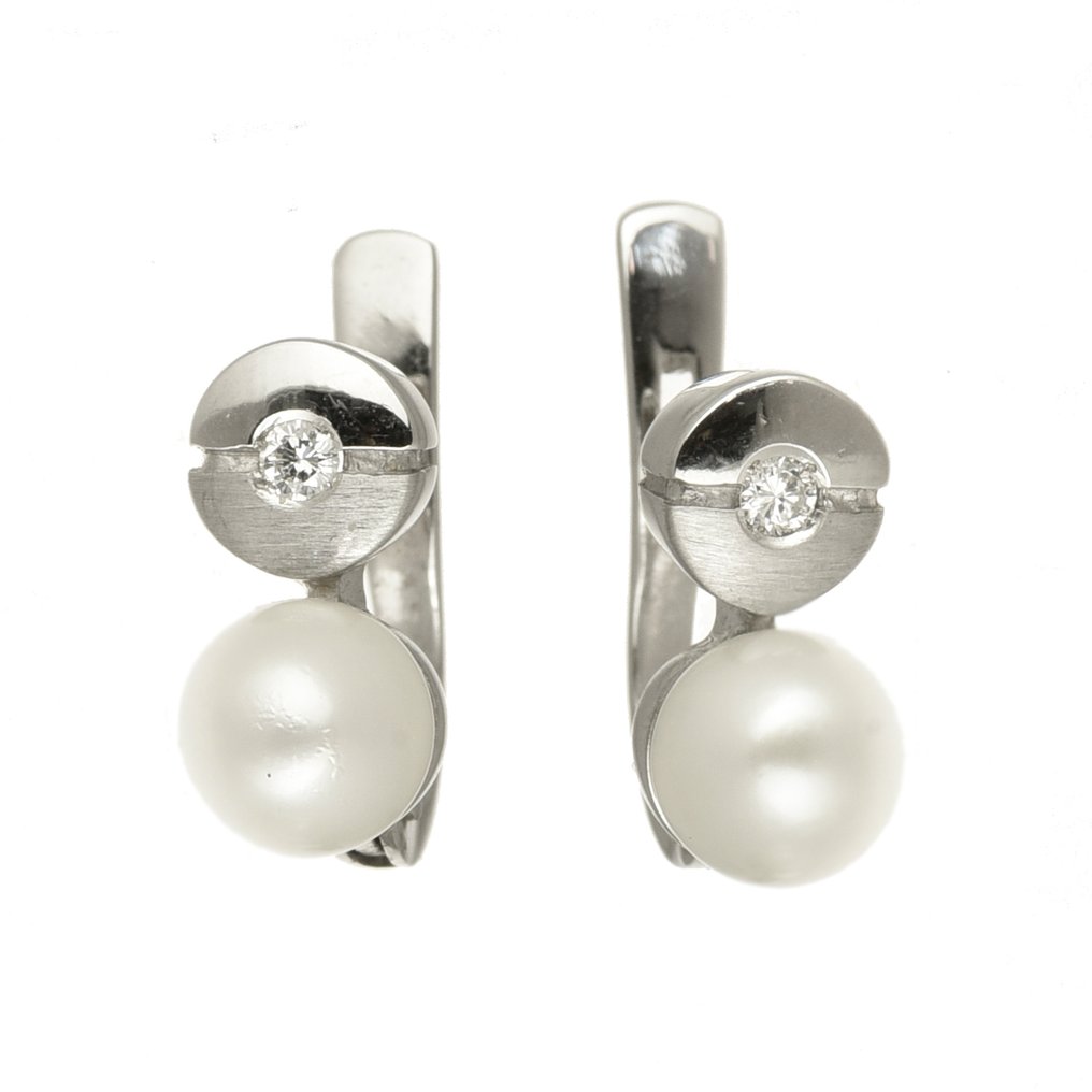 耳环 - 18K包金 白金 珍珠 - 钻石 #1.0
