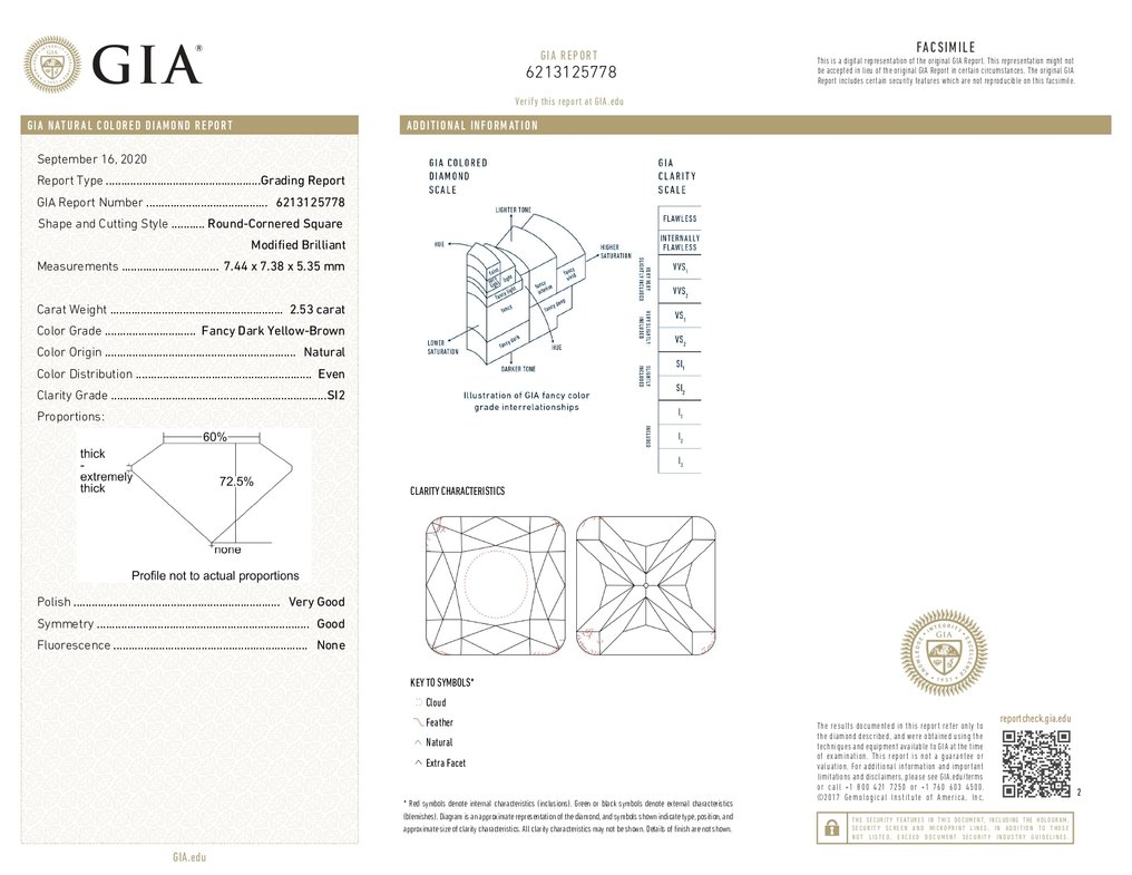 1 pcs 钻石  (天然色彩的)  - 2.53 ct - 方形 - Fancy dark 黄色 棕色 - SI2 微内含二级 - 美国宝石研究院（GIA） #4.3