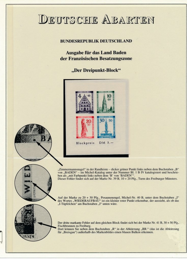 Μπάντεν - γαλλική ζώνη 1949 - 4 μπλοκ Φράιμπουργκ το καθένα με σφάλματα πλάκας, μπλοκ 1 A IV + 1 B IV έως VI, άψογη μέντα #1.0
