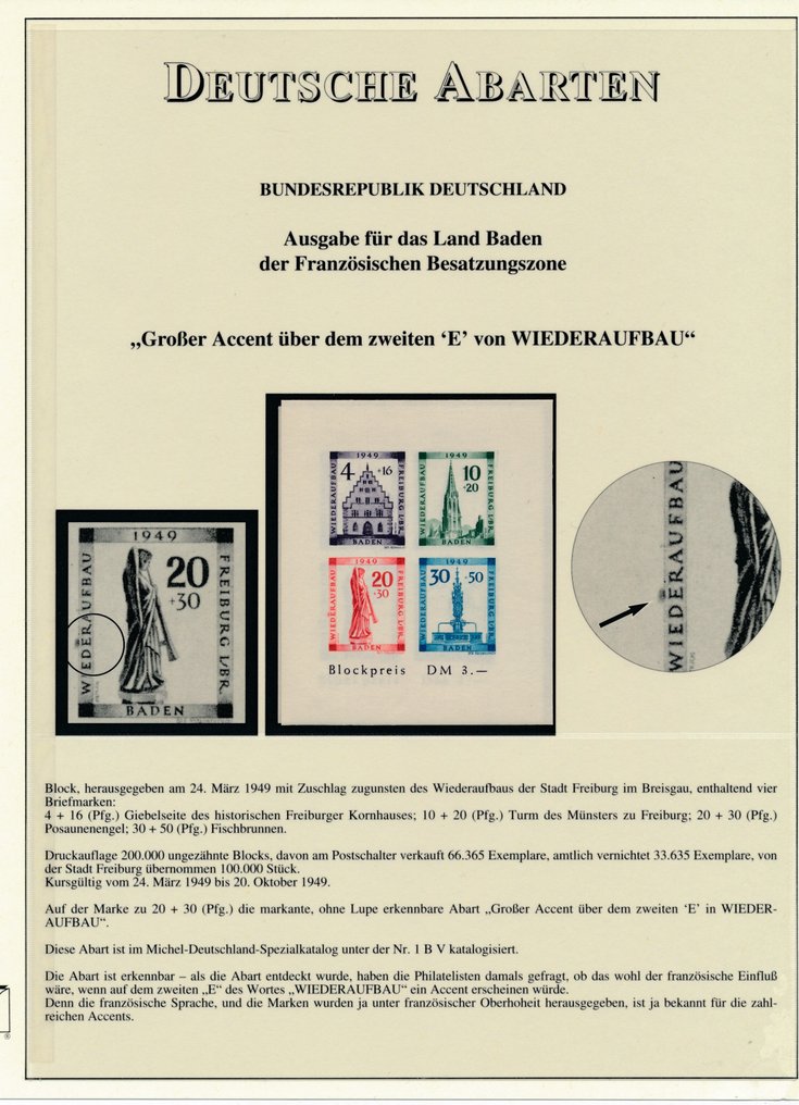 Μπάντεν - γαλλική ζώνη 1949 - 4 μπλοκ Φράιμπουργκ το καθένα με σφάλματα πλάκας, μπλοκ 1 A IV + 1 B IV έως VI, άψογη μέντα #2.1