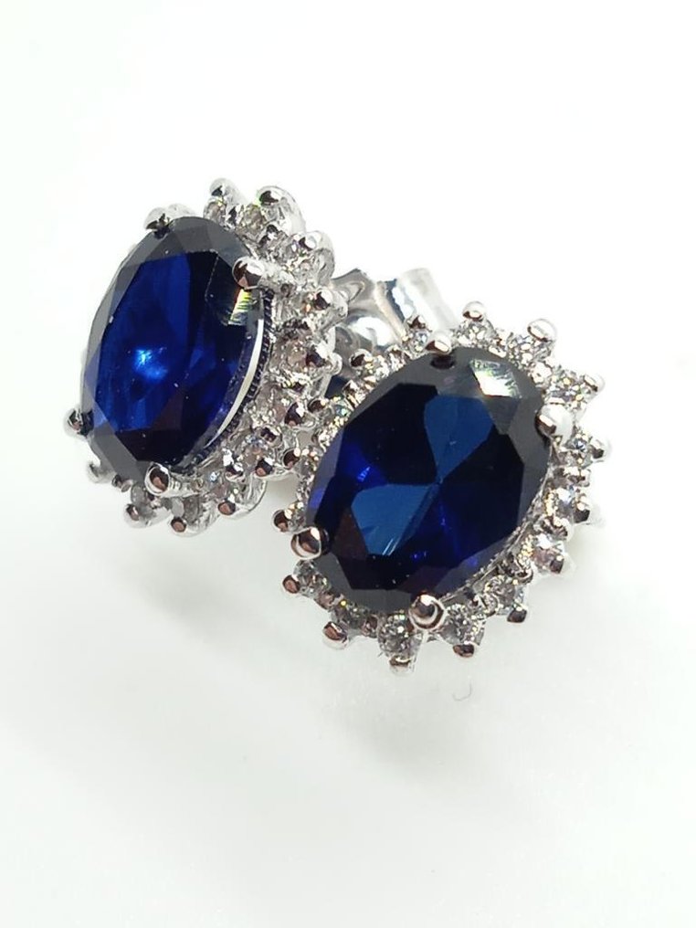 Nincs minimálár - Drop fülbevaló - 18 kt. Fehér arany Zafír - Gyémánt #1.0