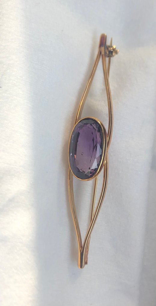 胸针 - 18K包金 黄金 紫水晶 - 古董发夹夹子 #2.1