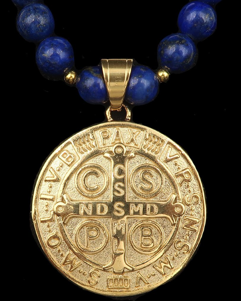 青金石 - 驱魔项链 - 圣本笃十字架 - 神圣力量 - 驱逐邪恶 - 14K GF黄金扣 - 吊坠项链 #1.0