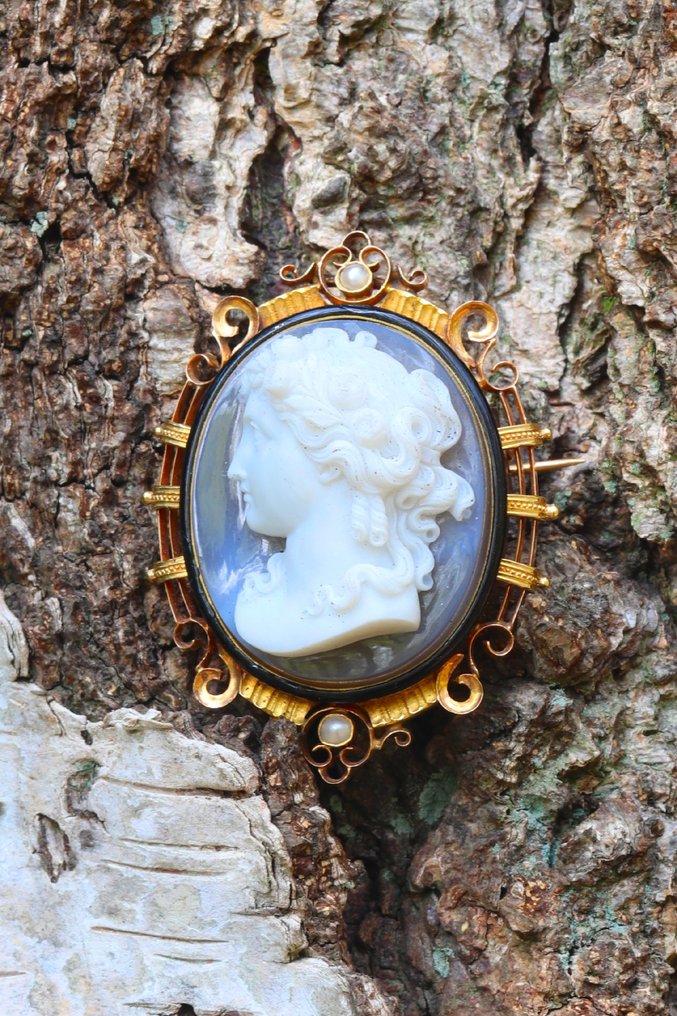 Καρφίτσα - 18 καράτια Ροζ χρυσό - Μαργαριτάρι - Cameo, Βικτωριανή 1870 #1.0